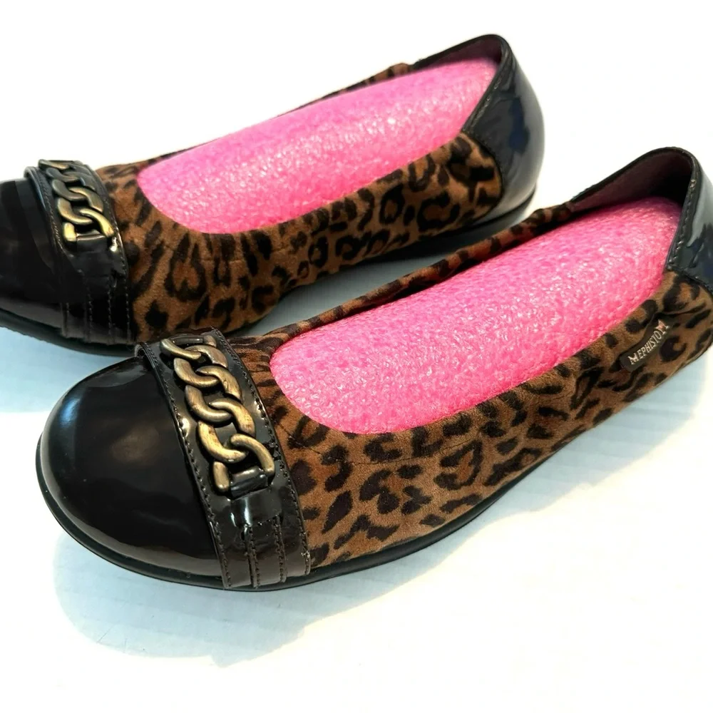 Mephisto Ballet Flats 7.5 Brown Cheetah Leather Cap toe slip ons animal Preppy